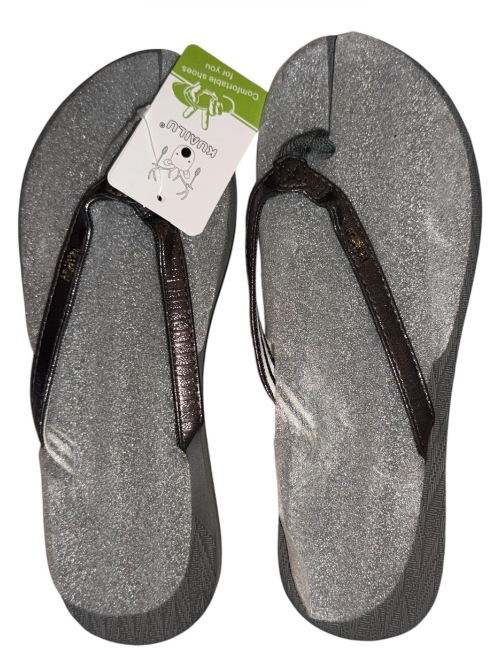 Comfort Plus Women's Metallic Gray Flip Flops with Dark Straps